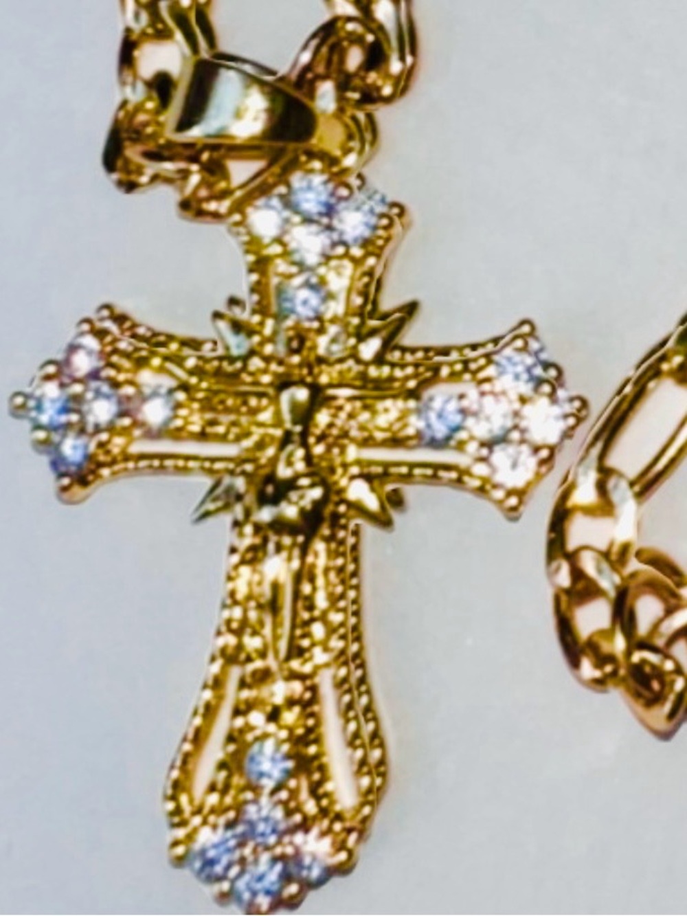 Gold Cross Pendant Necklace with Clear Rhinestone Accents and